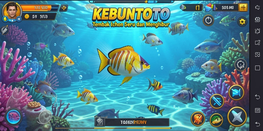 Screenshot gameplay KEBUNTOTO menampilkan aksi menembak ikan yang seru.