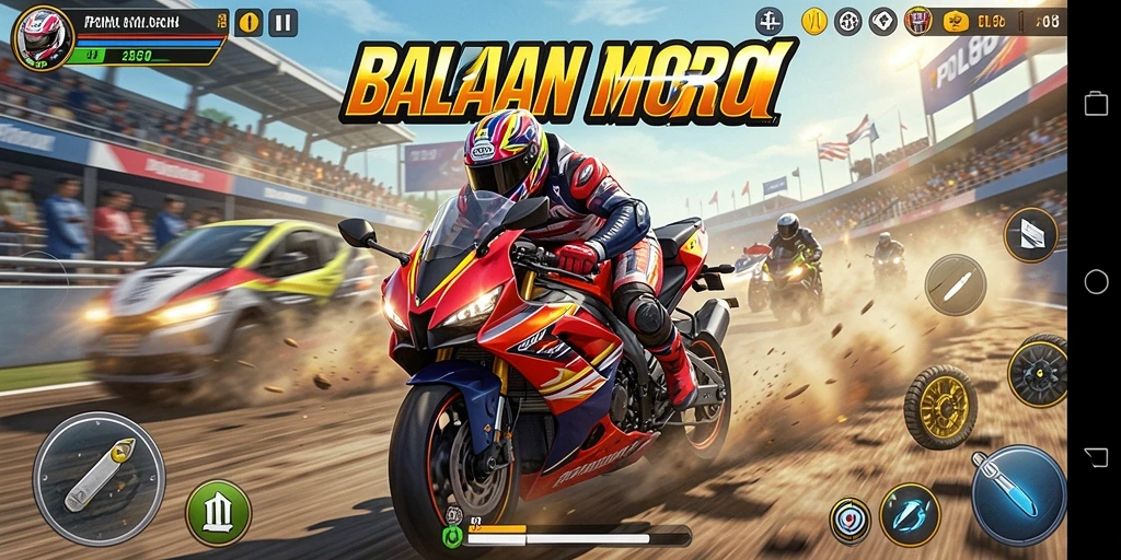 Tampilan gameplay yang mendebarkan dalam balapan motor.